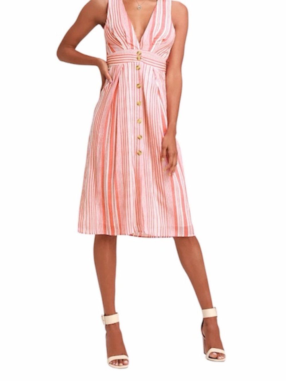 Lulu’s Estnelly Red Striped Button-Front Midi Dress size women’s medium - linen